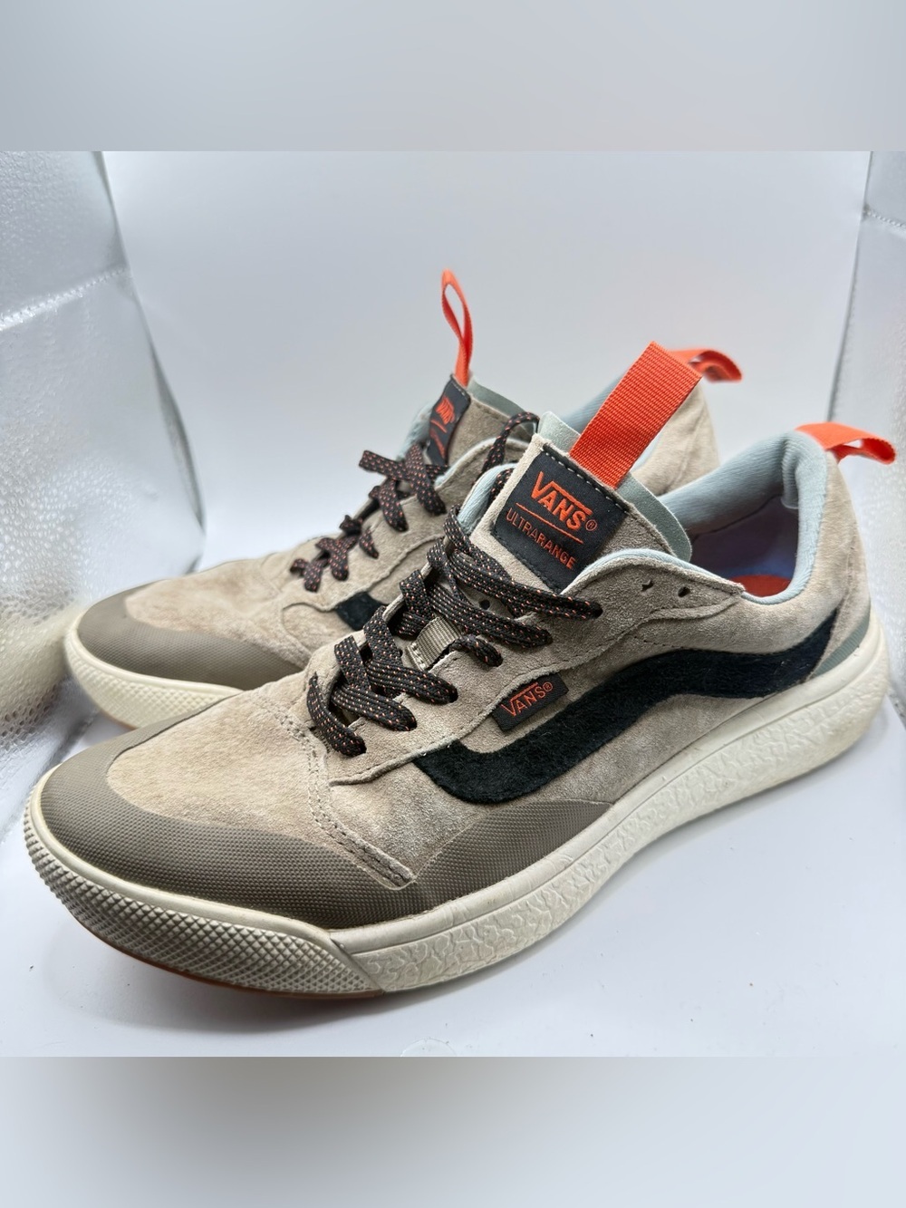 Vans Men’s Suede and Textile Sneakers in Gray with Black and Orange Accents